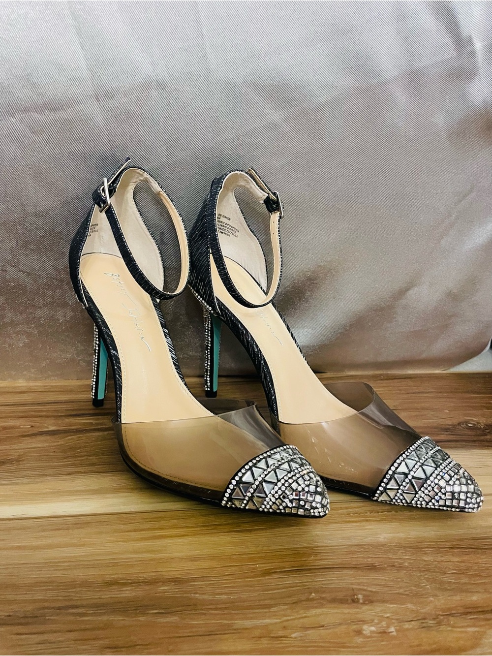 Embellished Betsy Johnson Pointed-Toe Ankle Strap Heels in Black and Clear